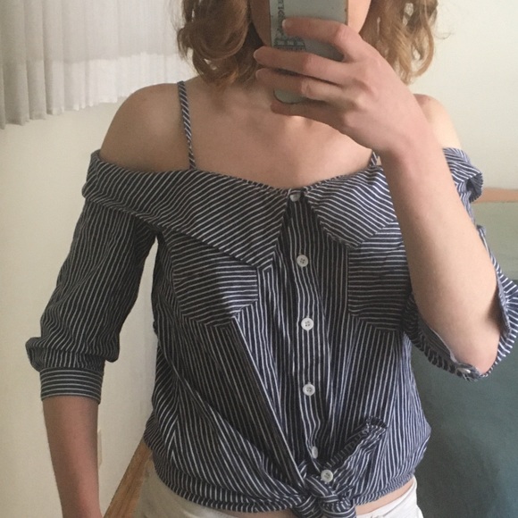 Pinstripe Off Shoulder Button Down Shirt - Picture 3 of 5